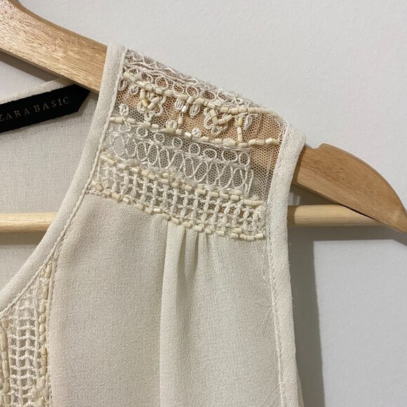 NWOT Zara Sheer Ivory White Tank Top Blouse with Open Work Bead Embroidery Boho - Picture 5 of 12